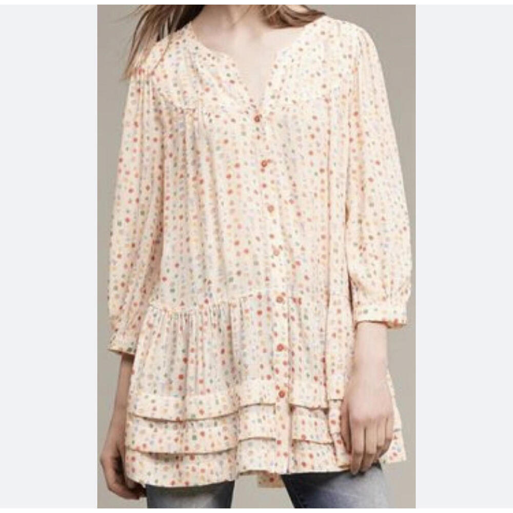 MAEVE ANTHROPOLOGIE cream multicolor shape pattern long sleeve mini dress sz cs